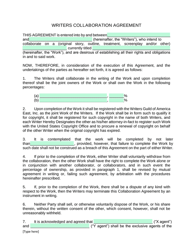WRITERS COLLABORATION AGREEMENT screenshot