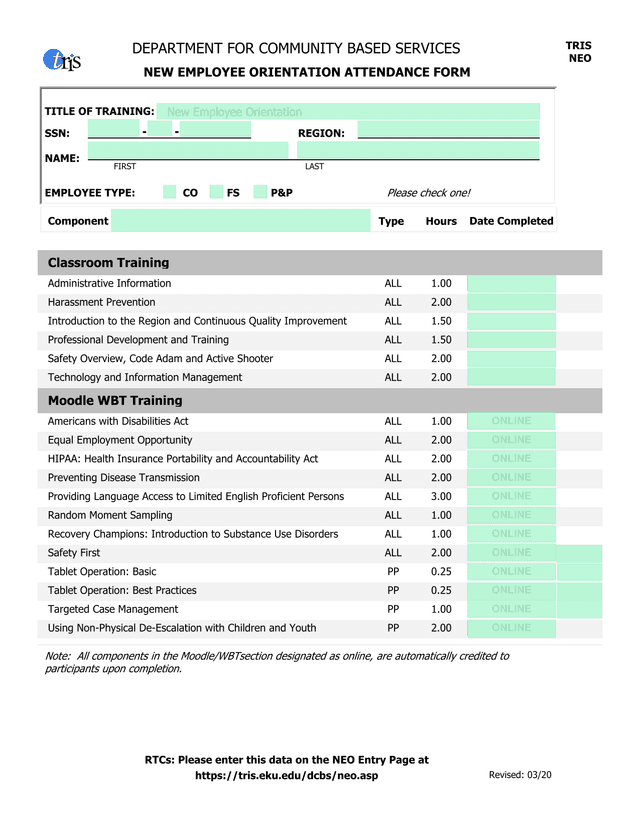 NEW EMPLOYEE ORIENTATION ATTENDANCE FORM screenshot