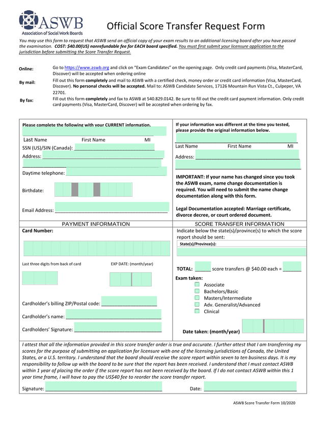 ASWB Score Transfer Request Form screenshot