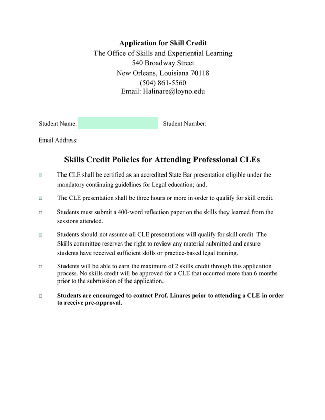 CLE Skills Credit Application Form screenshot