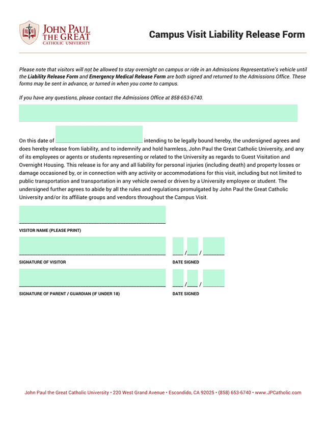 Campus Visit Liability Release Form screenshot