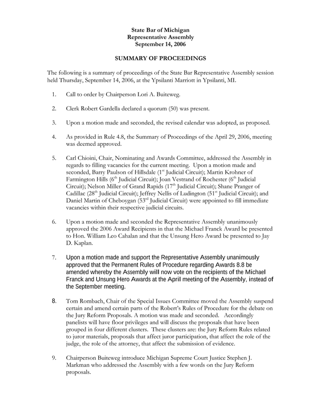 State Bar Of Michigan Representative Assembly Summary Of Proceedings screenshot