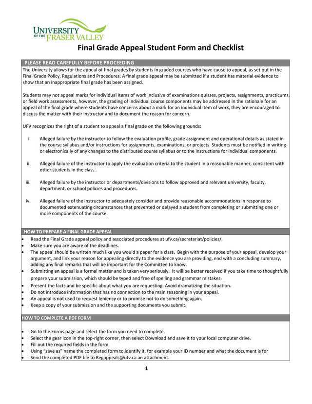 Final Grade Appeal Student Form And Checklist screenshot