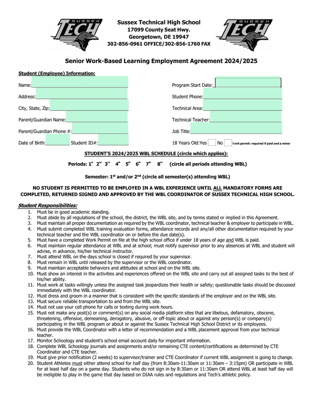 Senior Work Based Learning Employment Agreement 20242025 screenshot