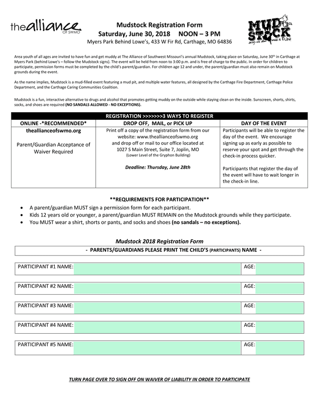 Mudstock Registration Form screenshot