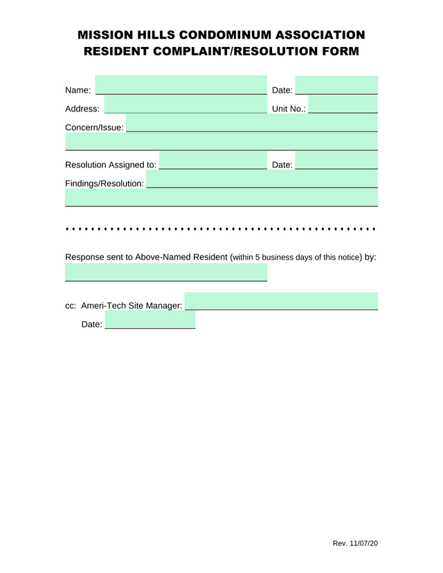 Mission Hills Condominium Association Resident ComplaintResolution Form screenshot