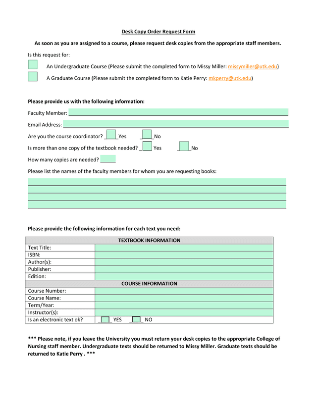 Desk Copy Order Request Form screenshot