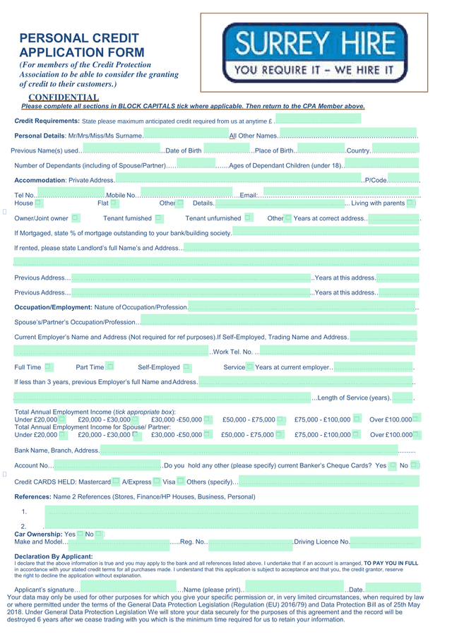 Personal Credit Application Form screenshot