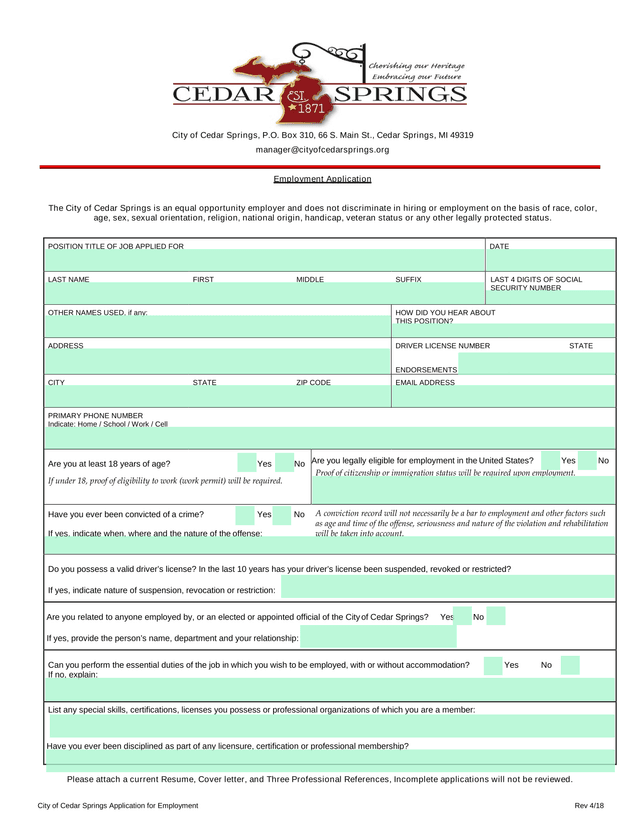 City Of Cedar Springs Application For Employment screenshot