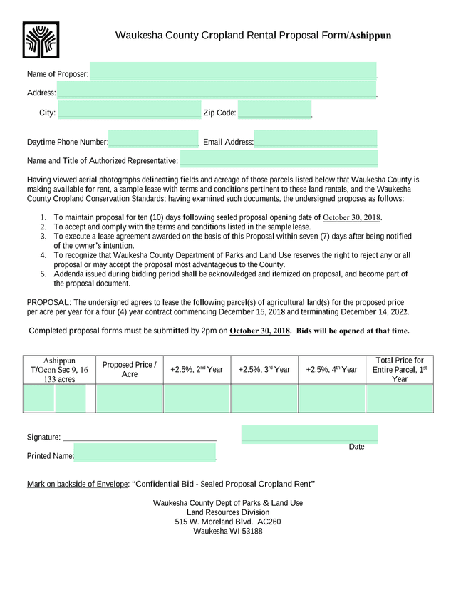 Waukesha County Cropland Rental Proposal FormAshippun screenshot
