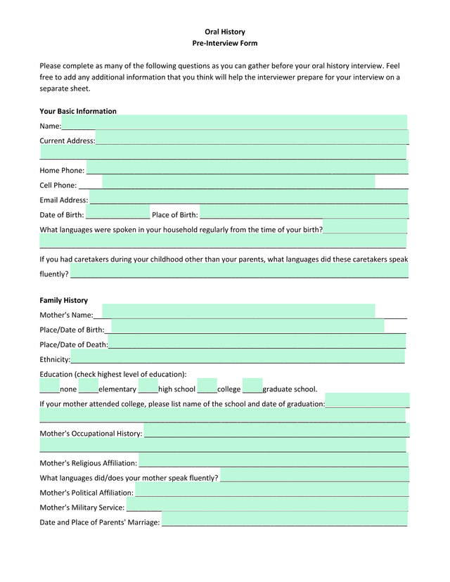 Oral History Pre Interview Form screenshot
