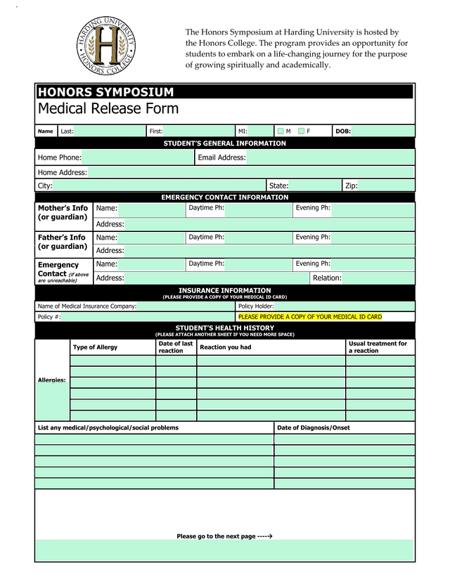 Honors Symposium Medical Release Form screenshot