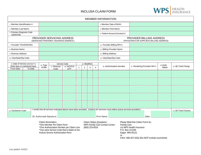 INCLUSA CLAIM FORM screenshot