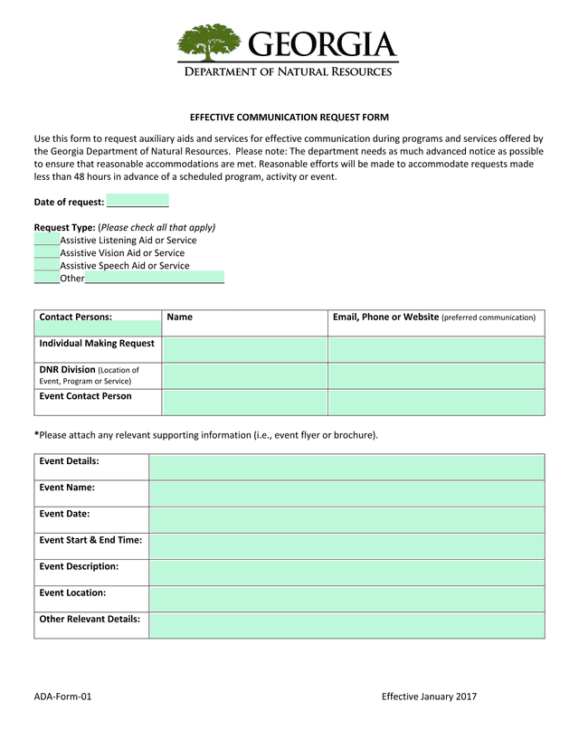 ADA Form 01 Effective Communication Request Form screenshot
