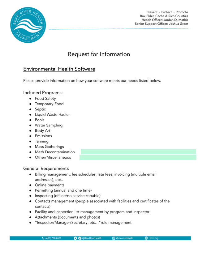 Request For Information Environmental Health Software screenshot