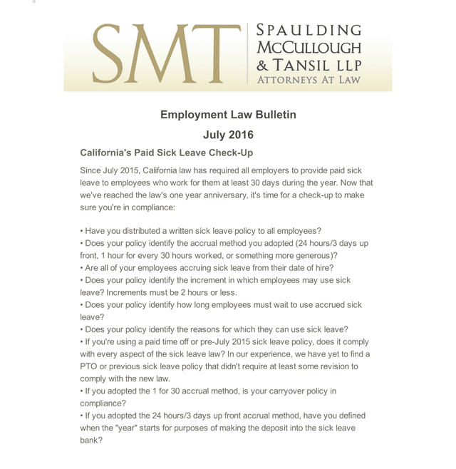 Employment Law Bulletin CaliforniaS Paid Sick Leave CheckUp screenshot