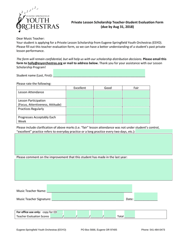 Private Lesson Scholarship Teacher Student Evaluation Form screenshot