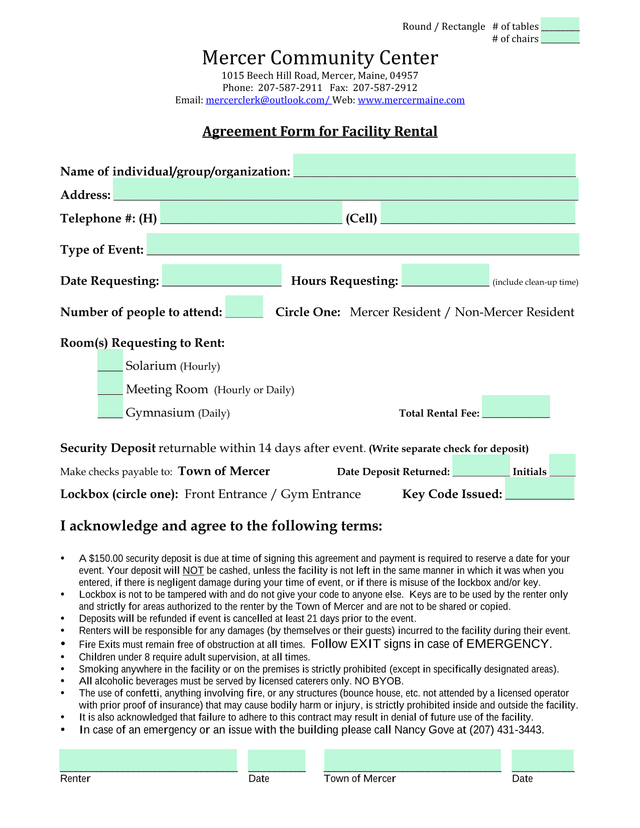 Agreement Form For Facility Rental screenshot