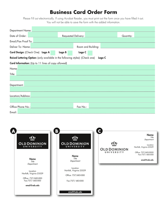 Business Card Order Form screenshot