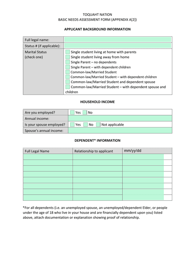 Toquaht Nation Basic Needs Assessment Form screenshot