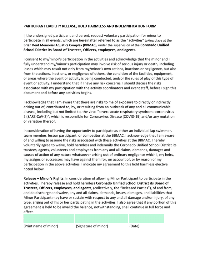 Participant Liability Release, Hold Harmless And Indemnification Form screenshot