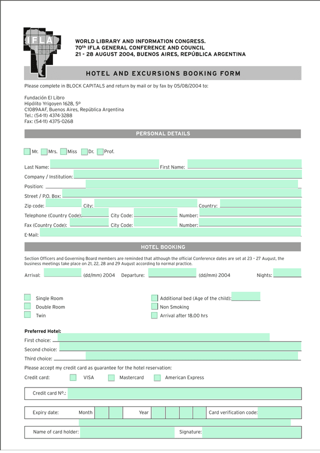 IFLA Hotel And Excursions Booking Form screenshot