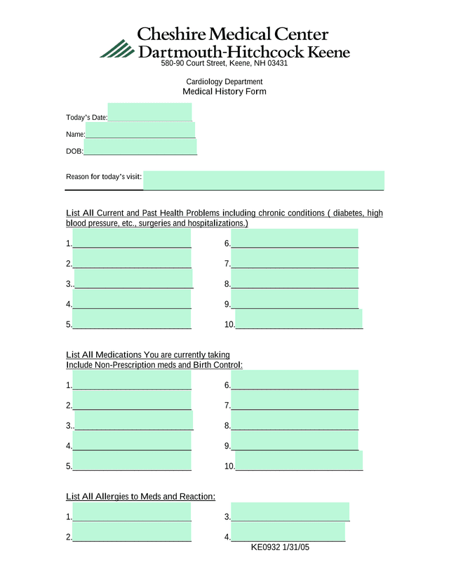 Medical History Form screenshot