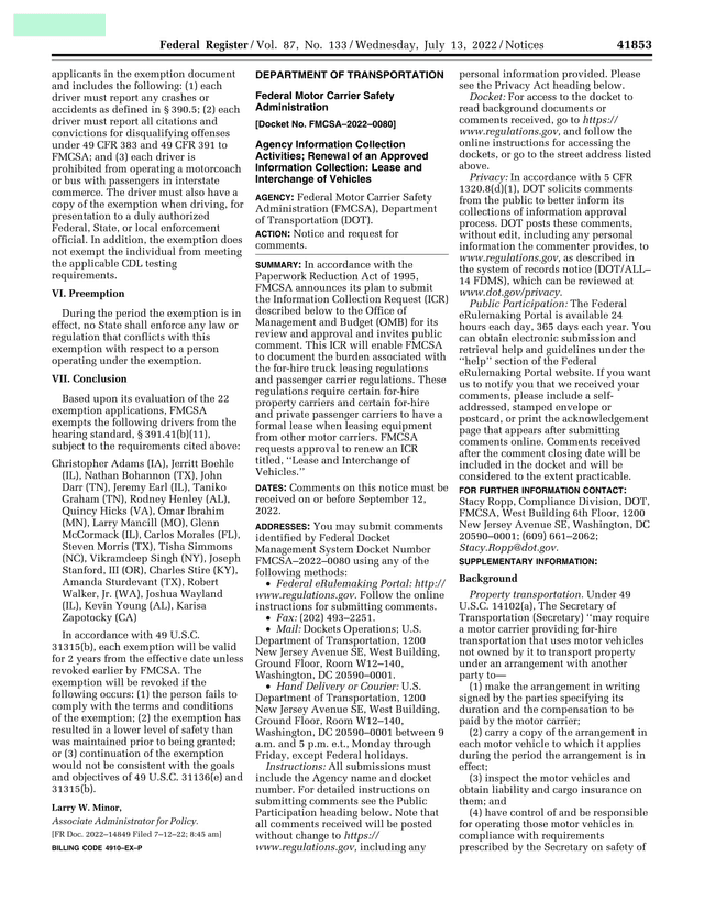 FMCSA Driver Hearing Exemption Notice screenshot