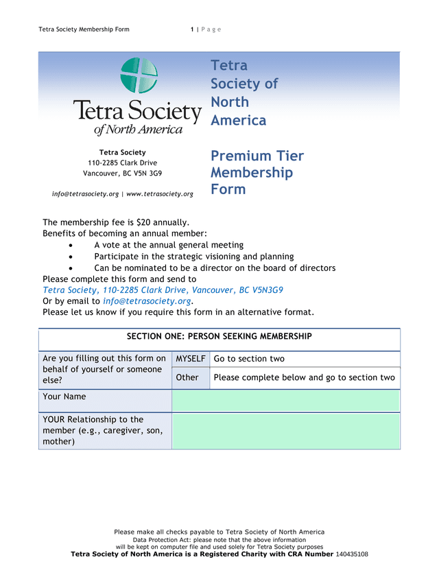 Tetra Society Membership Form screenshot