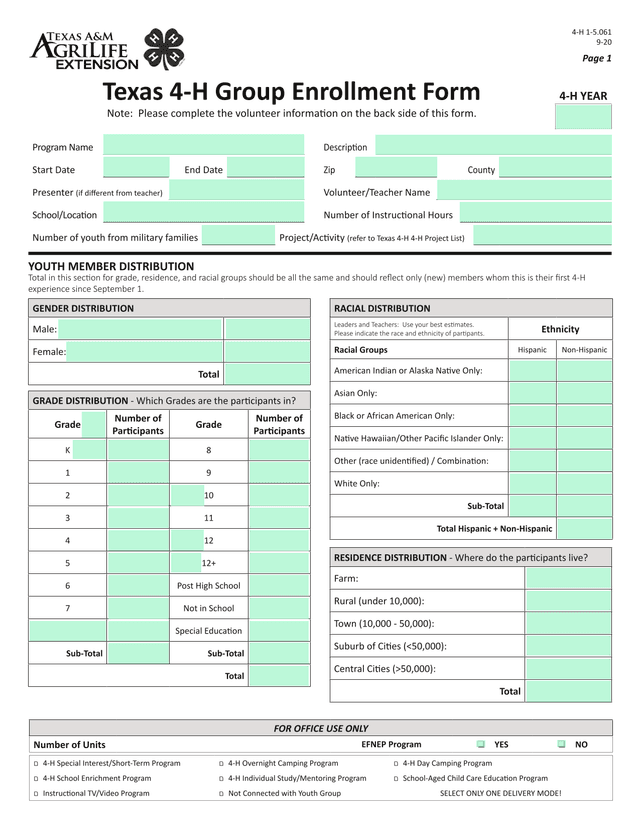 Texas 4 H Group Enrollment Form screenshot
