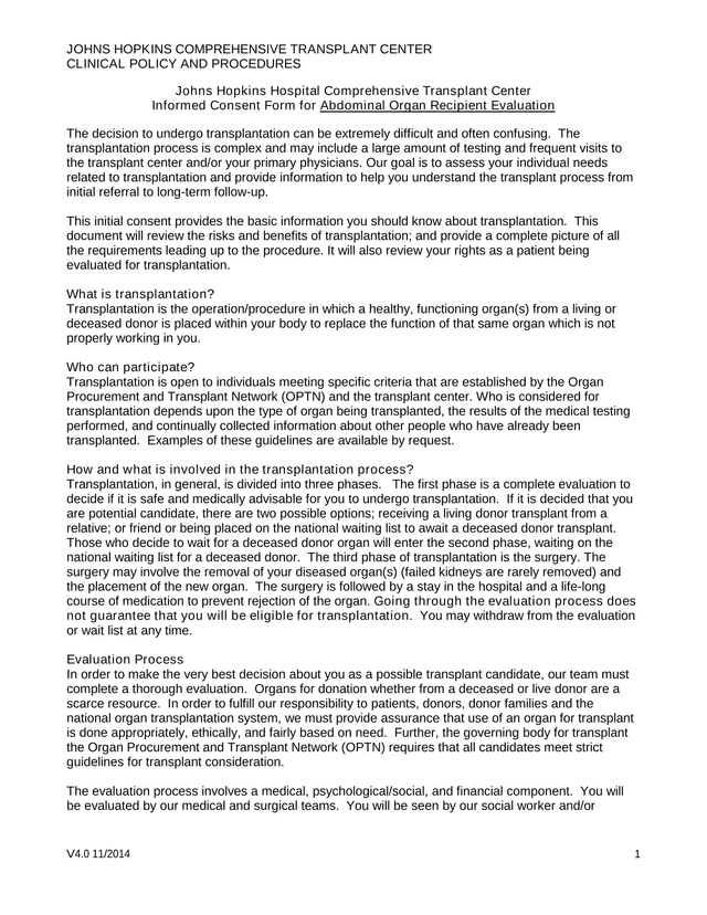 Informed Consent Form For Abdominal Organ Recipient Evaluation screenshot
