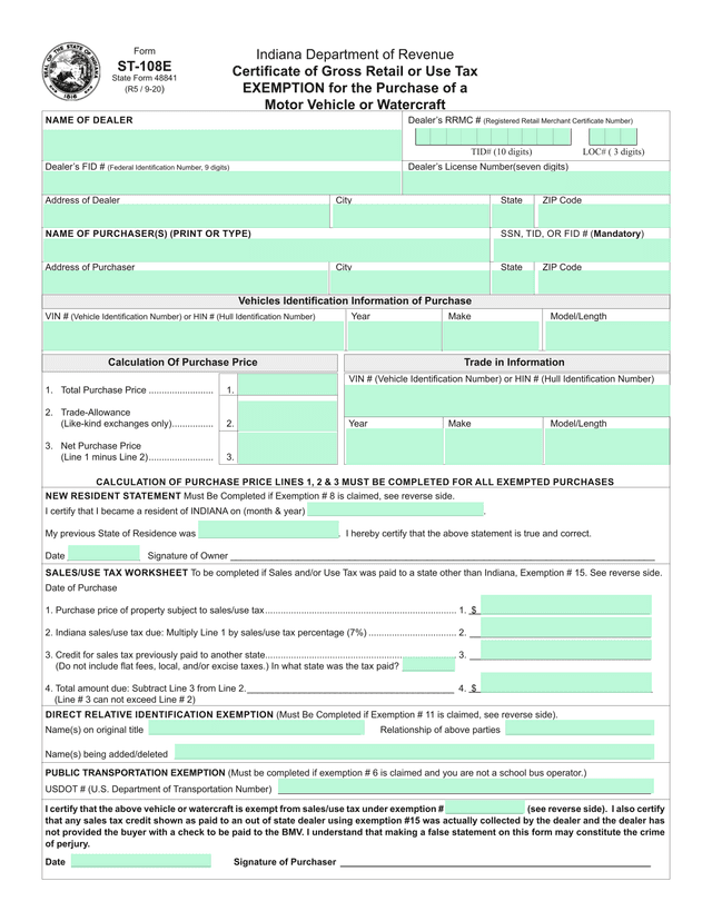 Certificate Of Gross Retail Or Use Tax Exemption For The Purchase Of A Motor Vehicle Or Watercraft screenshot