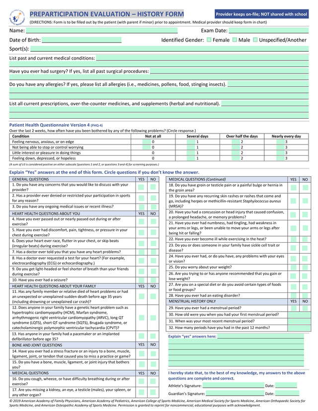 Preparticipation Evaluation  History Form screenshot