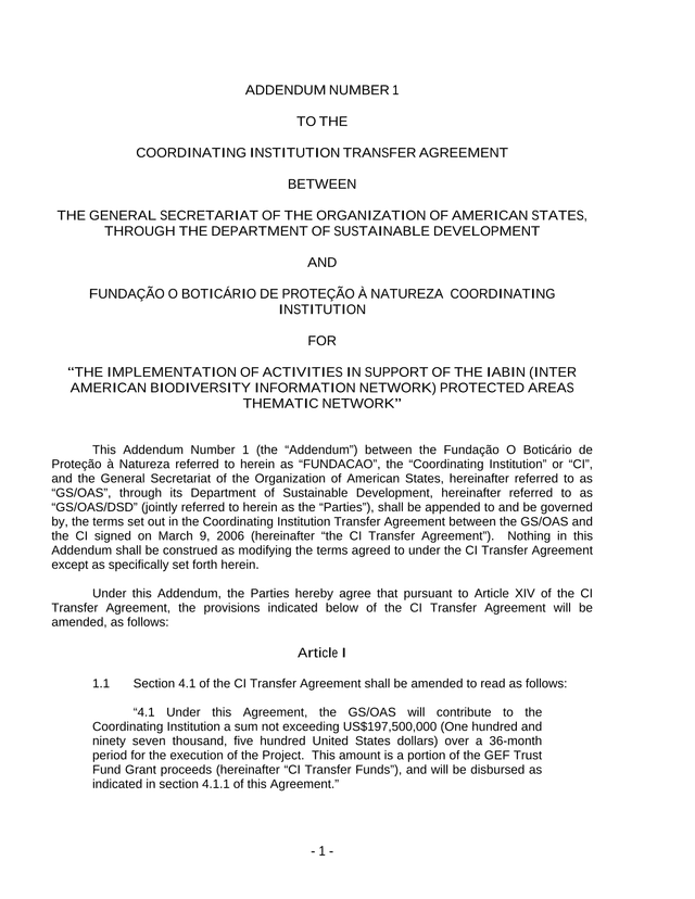Addendum Number 1 To Coordinating Institution Transfer Agreement screenshot