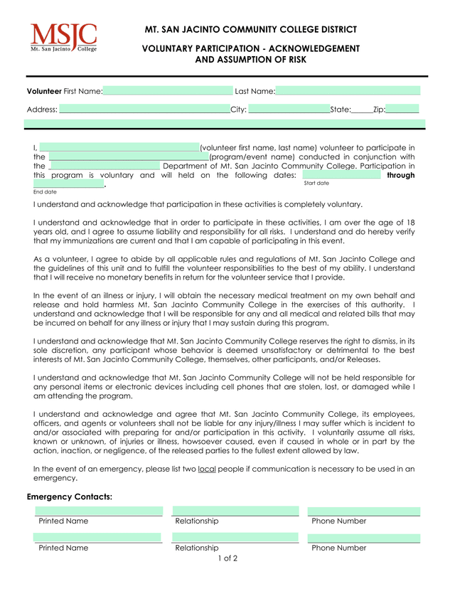 Voluntary Participation   Acknowledgement And Assumption Of Risk screenshot