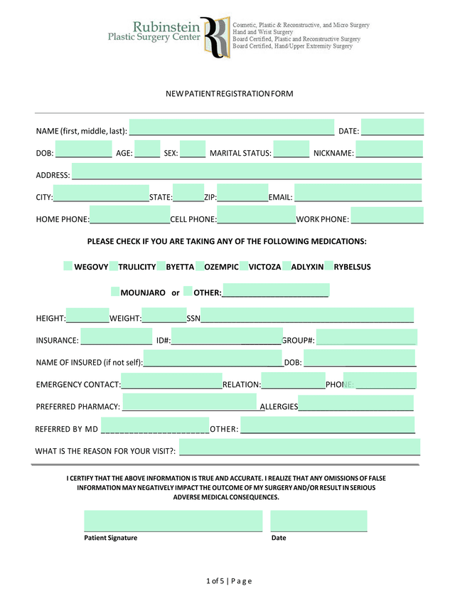 NEW PATIENT REGISTRATION FORM screenshot