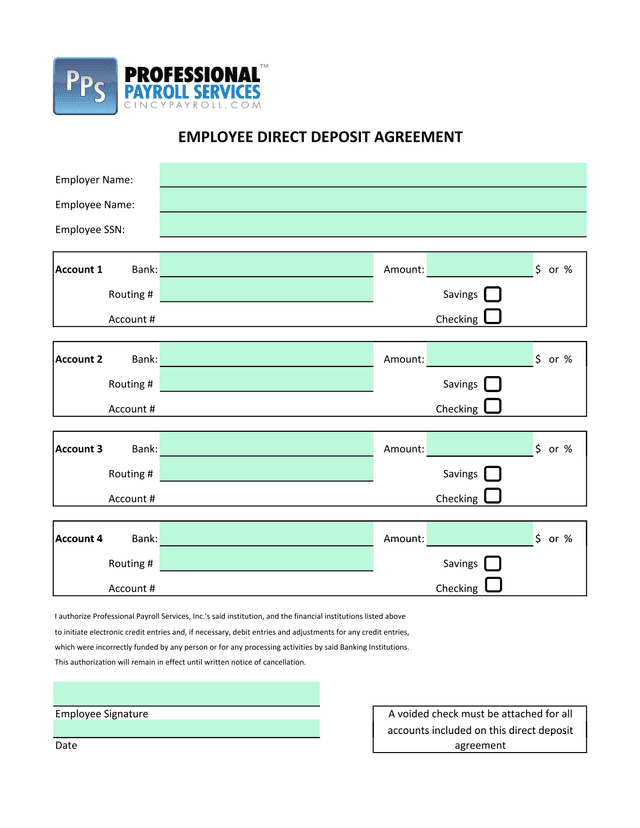 Employee Direct Deposit Agreement screenshot