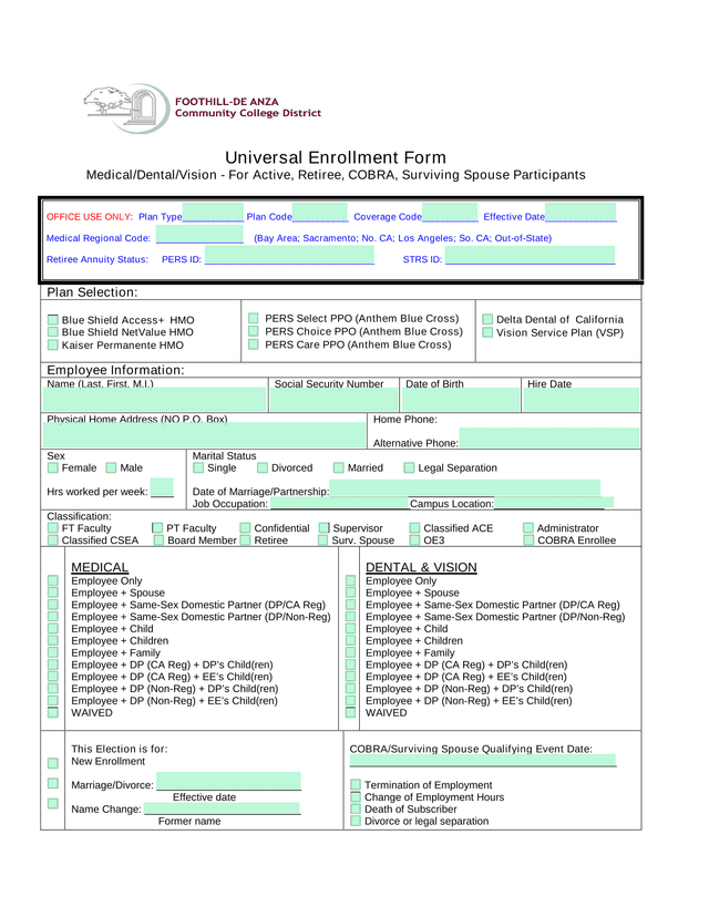 Universal Enrollment Form screenshot
