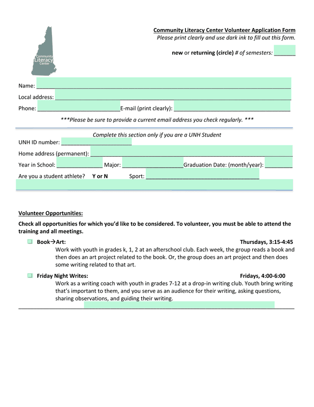 Community Literacy Center Volunteer Application Form screenshot