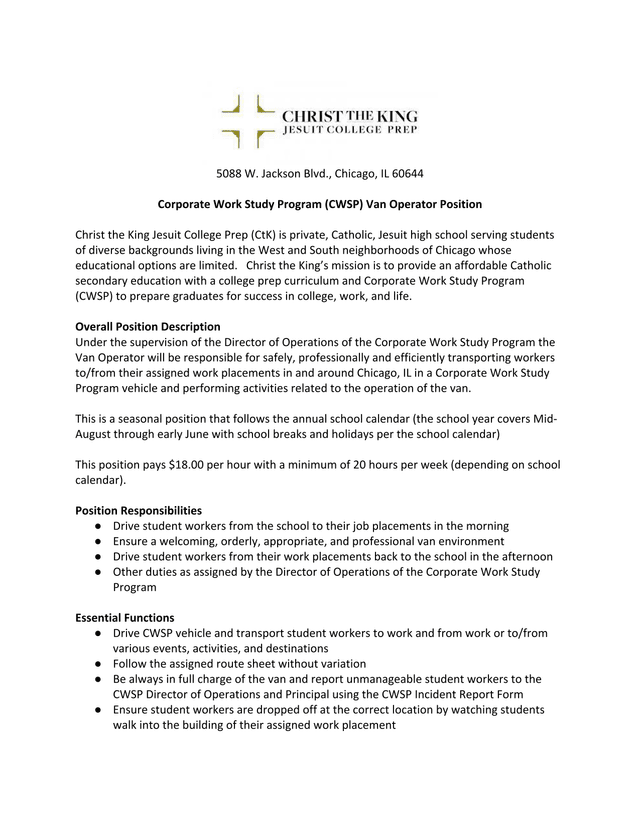 Corporate Work Study Program (CWSP) Van Operator Position screenshot