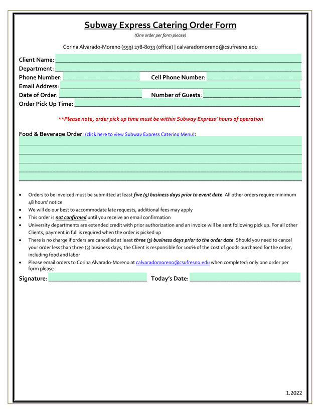 Subway Express Catering Order Form screenshot