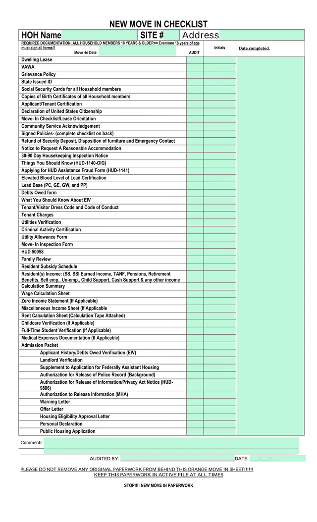 NEW MOVE IN CHECKLIST screenshot