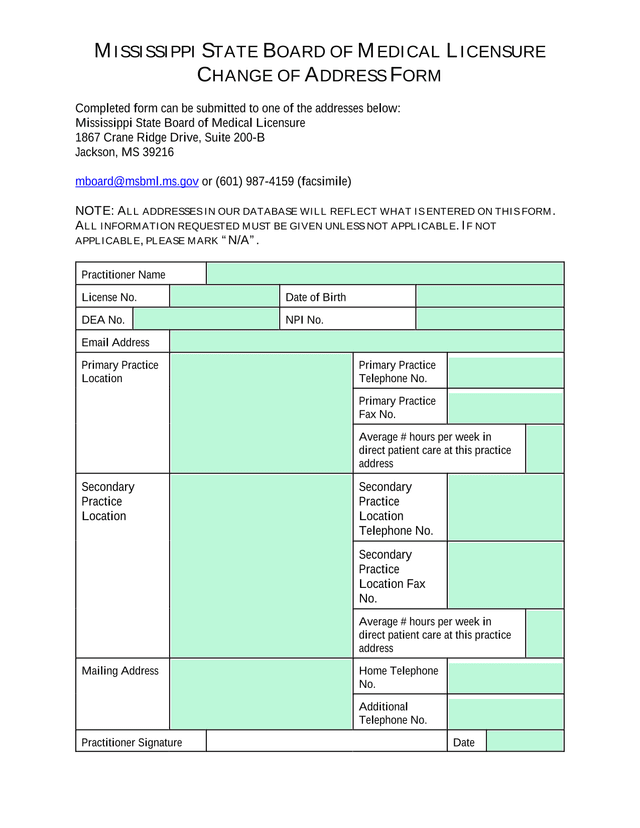 Mississippi State Board Of Medical Licensure Change Of Address Form screenshot