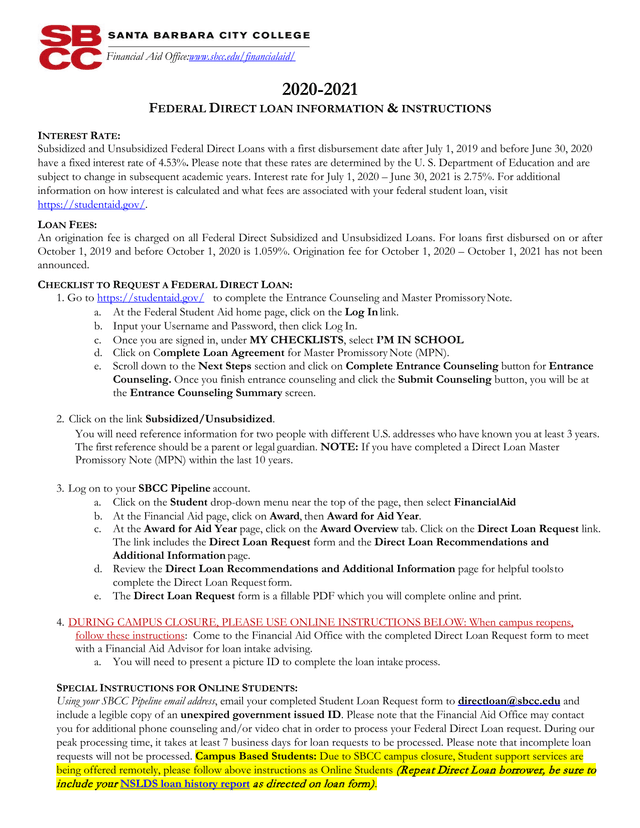 Federal Direct Loan Information  Instructions screenshot