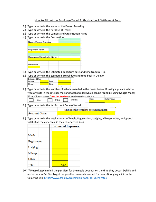Employee Travel Authorization  Settlement Form screenshot