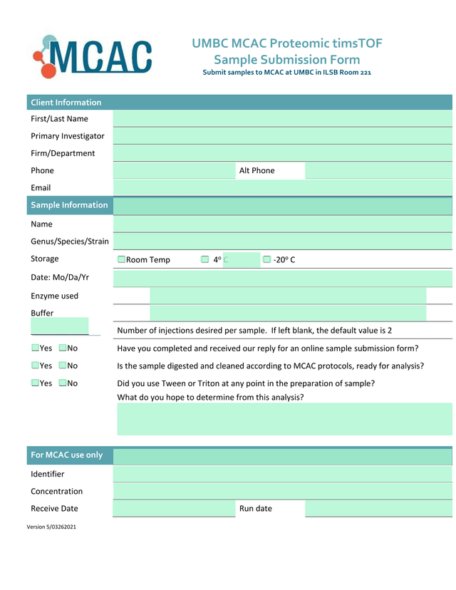 UMBC MCAC Proteomic TimsTOF Sample Submission Form screenshot