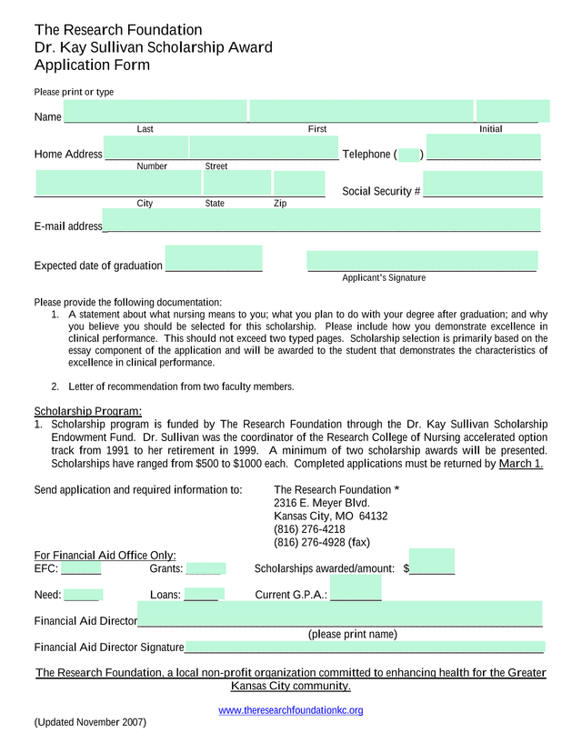 Dr. Kay Sullivan Scholarship Award Application Form screenshot