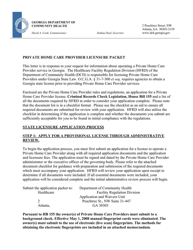 Private Home Care Provider Licensure Packet screenshot