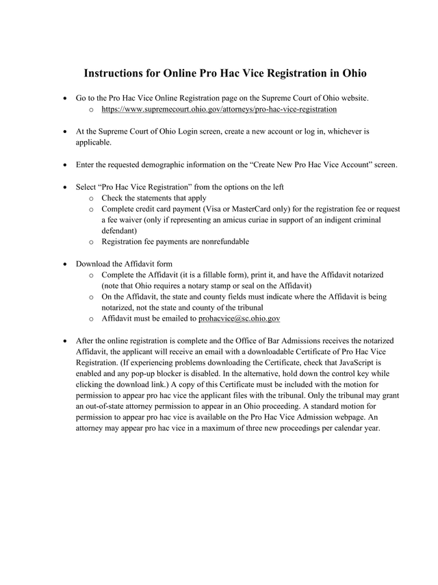 Instructions For Online Pro Hac Vice Registration In Ohio screenshot