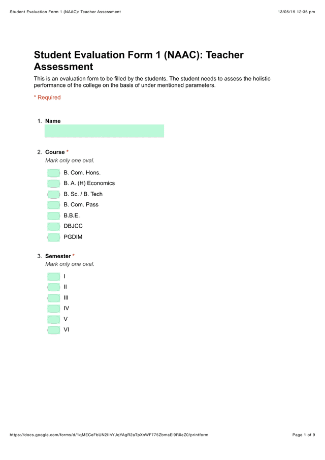 Student Evaluation Form 1 (NAAC) Teacher Assessment screenshot